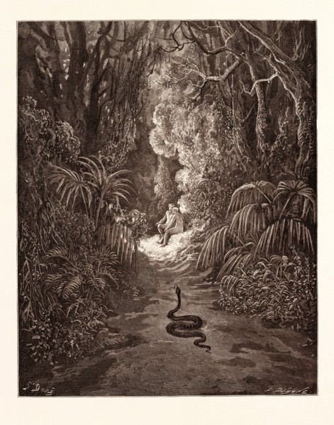 THE FIRST APPROACH OF THE SERPENT, BY Gustave Doré. Dore, 1832 - 1883, French. Engraving for