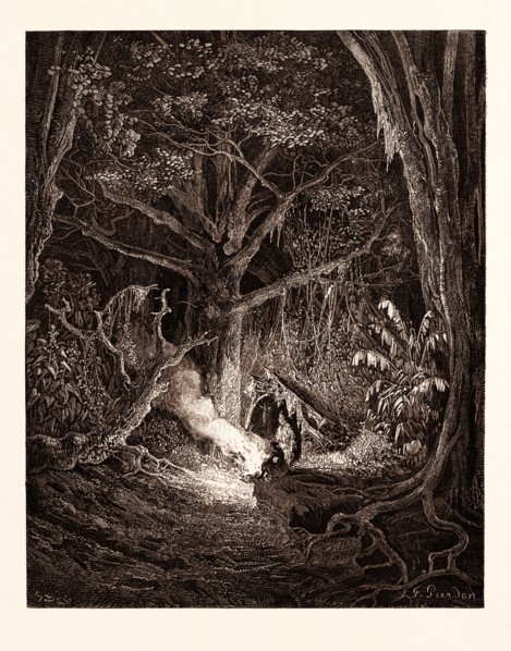 THE CAMP FIRE OF ATALA AND CHACTAS, BY Gustave Doré. Gustave Dore, 1832 - 1883, French. Engraving