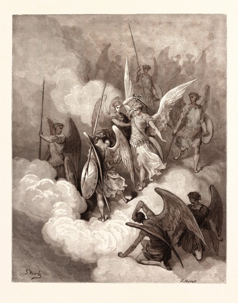 ABDIEL AND SATAN, BY Gustave Doré. Gustave Dore, 1832 - 1883, French. Engraving for Paradise Lost