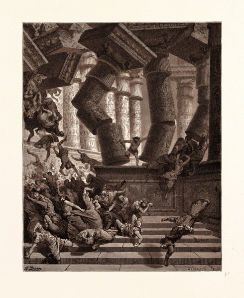 THE DEATH OF SAMSON, BY GUSTAVE DORE. Gustave Dore, 1832 - 1883, French. Engraving for the Bible.