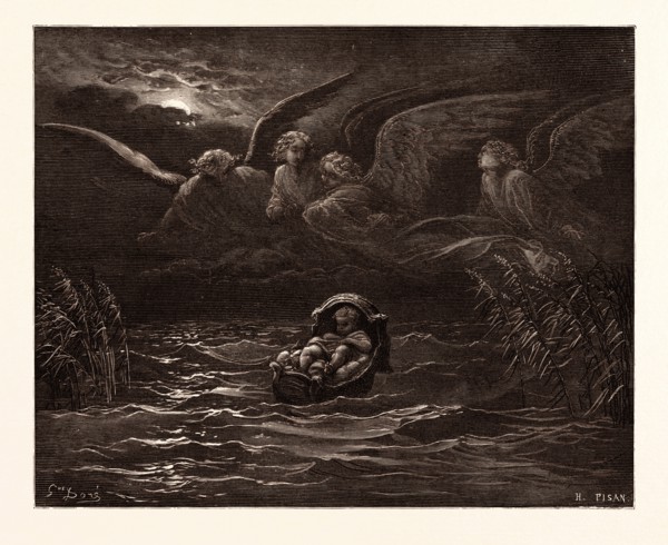 THE CHILD MOSES ON THE NILE, BY Gustave Doré. Gustave Dore, 1832 - 1883, French. Engraving for the