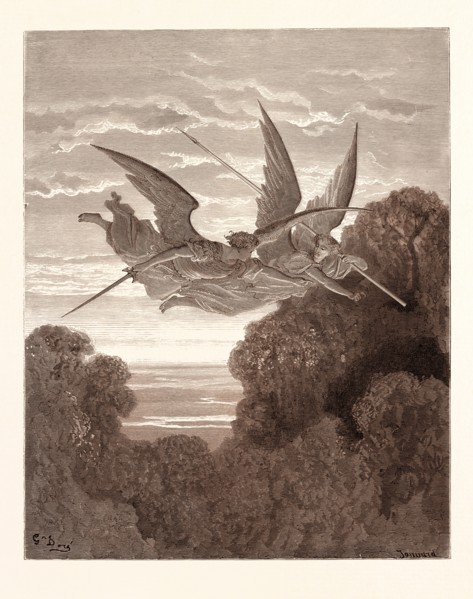 ITHURIEL AND ZEPHON, BY Gustave Doré. Gustave Dore, 1832 - 1883, French. Engraving for Paradise
