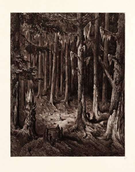 THE BURIAL-GROUND IN THE FIR-FOREST, BY GUSTAVE DORE. Gustave Dore, 1832 - 1883, French. fir tree,