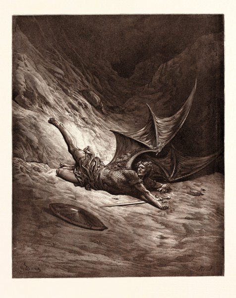 SATAN SMITTEN BY MICHAEL, BY Gustave Doré. Gustave Dore, 1832 - 1883, French. Engraving for