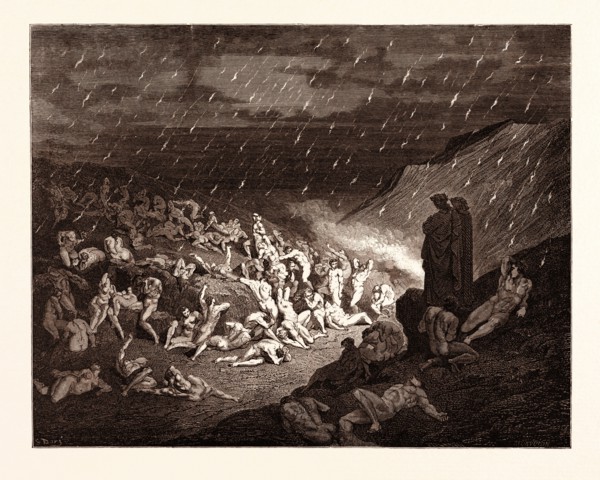 THE TORTURE OF THE FIERY RAIN, BY Gustave Doré. Gustave Dore, 1832 - 1883, French. Engraving for