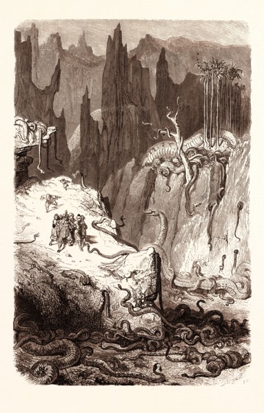 SINBAD AMONGST THE SERPENTS in the valley of Diamonds. BY Gustave Doré. Dore, 1832 - 1883, French.