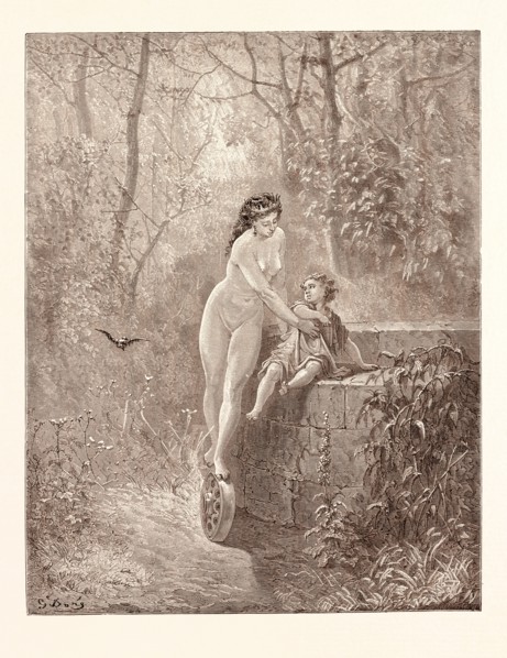 FORTUNE AND THE LITTLE CHILD, BY Gustave Doré. Dore, 1832 - 1883, French. Engraving for Fables by