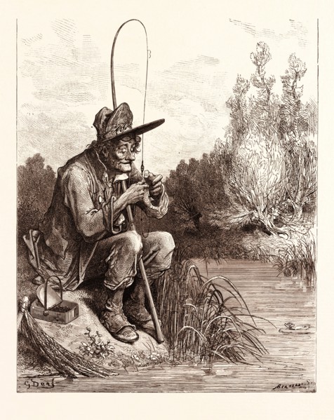 THE LITTLE FISH AND THE FISHERMAN, BY Gustave Doré. Dore, 1832 - 1883, French. Engraving for Fables