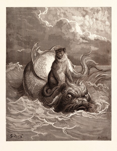 THE MONKEY AND THE DOLPHIN, BY Gustave Doré. Dore, 1832 - 1883, French. Engraving for Fables by