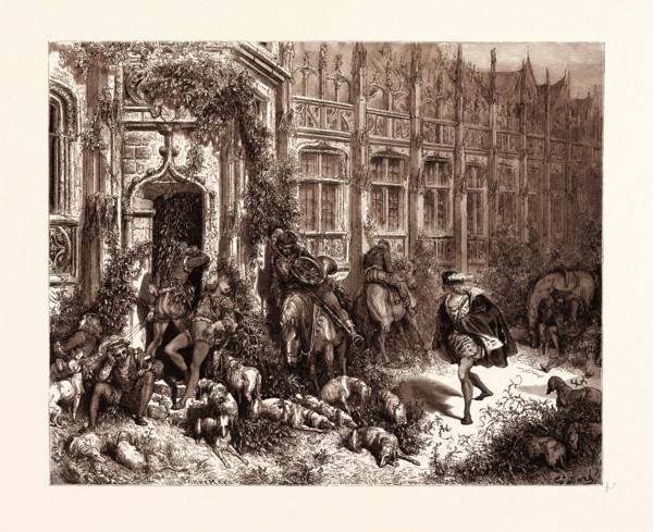 THE PRINCE APPROACHING THE PALACE OF SLEEP, BY GUSTAVE DORE. Dore, 1832 - 1883, French. Engraving