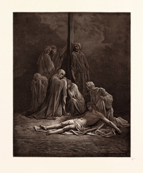 THE DEAD CHRIST, BY GUSTAVE DORE, 1832 - 1883, French. Engraving for the Bible. engraved by Adolphe