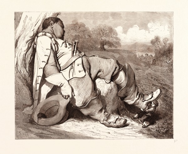 Hop o'My Thumb stealing the Seven-League boots from the Orge, BY GUSTAVE DORE, 1832 - 1883, French.