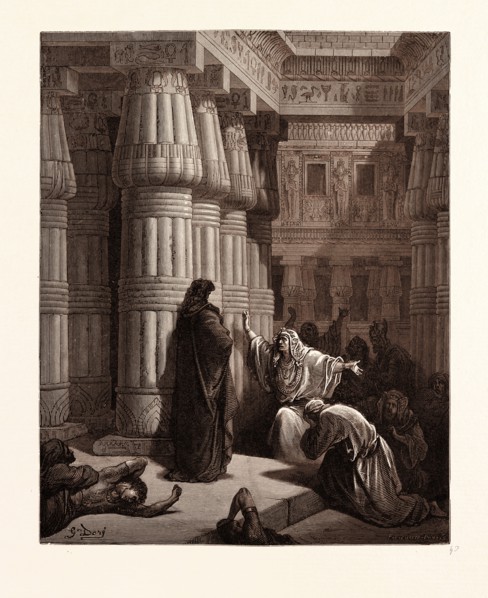 THE EGYPTIANS URGE MOSES TO DEPART, BY GUSTAVE DORE