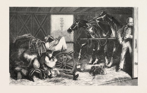 FRANCO-PRUSSIAN WAR: CAVALRY TRANSPORT BY RAIL, INTERIOR OF A STABLE-WAGON 1870