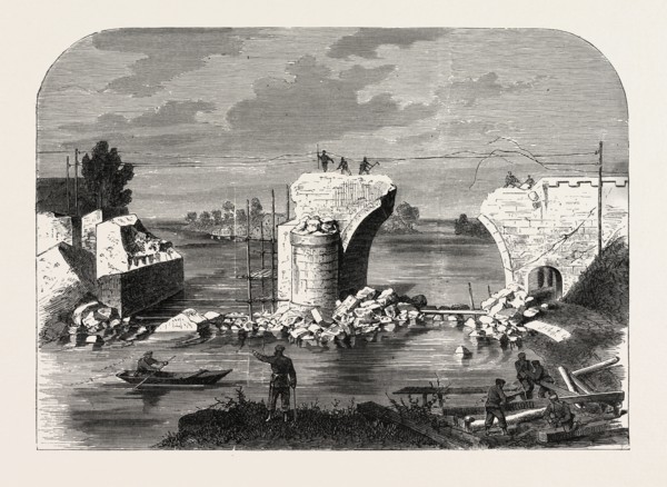 FRANCO-PRUSSIAN WAR: BRIDGE OVER THE MARNE IN TRILPORT NEAR MEAUX, DESTROYED BY THE FRENCH 1870