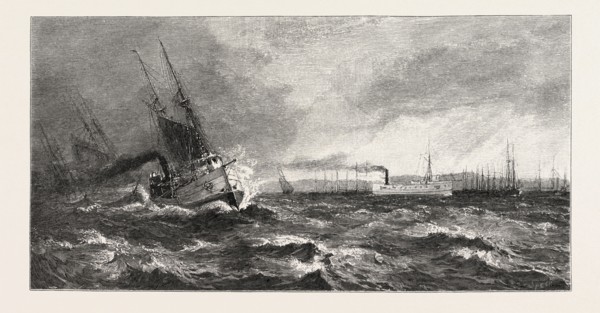 RIDING OUT A SOU'WESTER UNDER LEE OF LONG POINT, CANADA, NINETEENTH CENTURY ENGRAVING