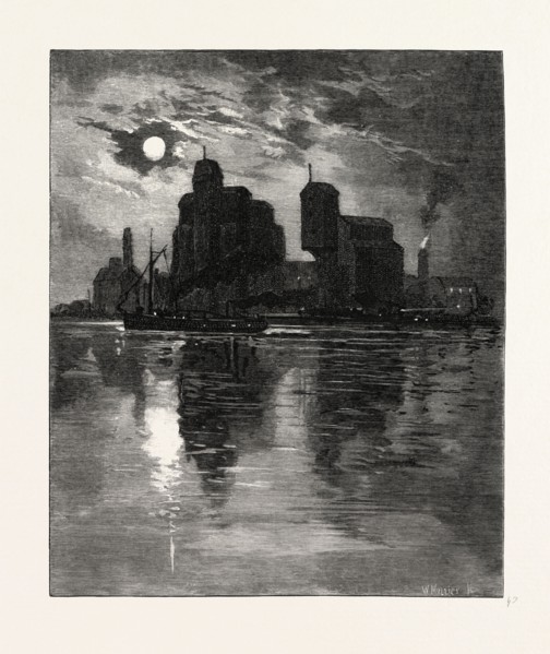 RIVERSIDE GRANARIES, CANADA, NINETEENTH CENTURY ENGRAVING