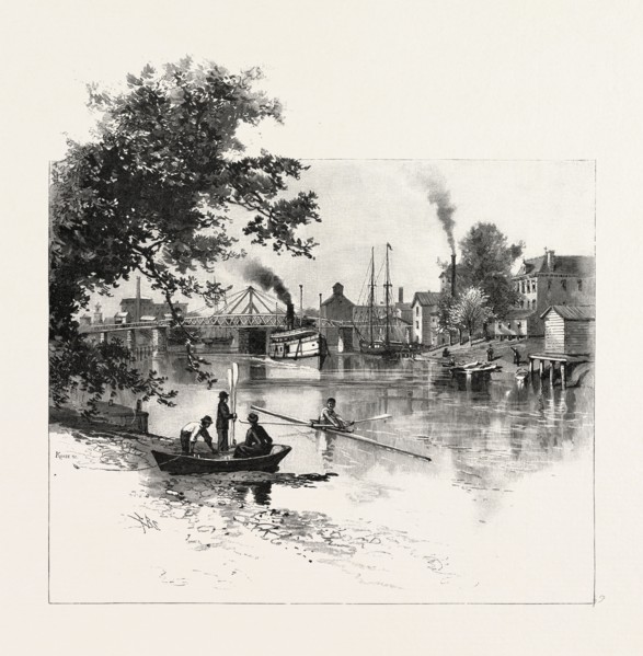 LOOKING UP THE THAMES, CHATHAM, CANADA, CANADA, NINETEENTH CENTURY ENGRAVING
