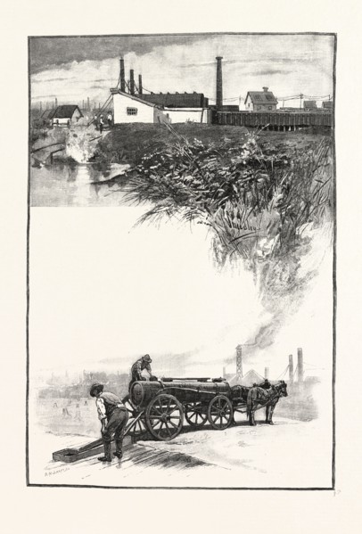 REFINERY (TOP); CARRYING THE OIL (BOTTOM), CANADA, NINETEENTH CENTURY ENGRAVING