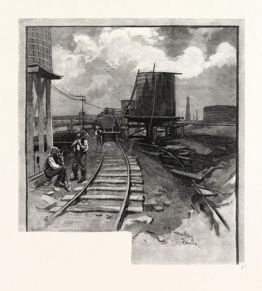 OIL TANKS, CANADA, NINETEENTH CENTURY ENGRAVING