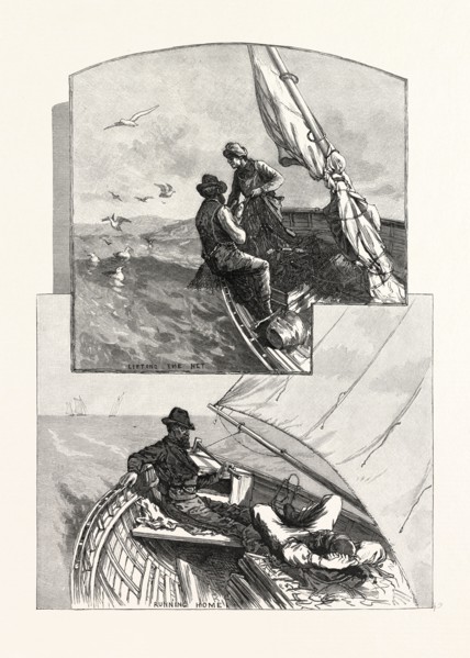 WITH THE FISHERMEN ON LAKE HURON, CANADA, NINETEENTH CENTURY ENGRAVING