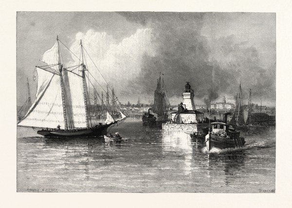 THE HARBOUR-MOUTH, COBOURG, CANADA, NINETEENTH CENTURY ENGRAVING