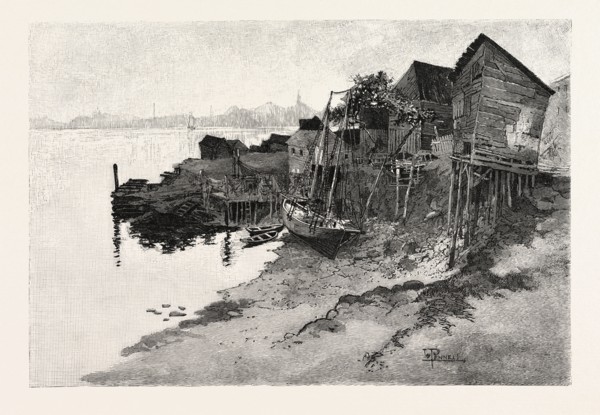 NEW BRUNSWICK, ST. JOHN, BACK OF HARBOUR, LOW TIDE, CANADA, NINETEENTH CENTURY ENGRAVING