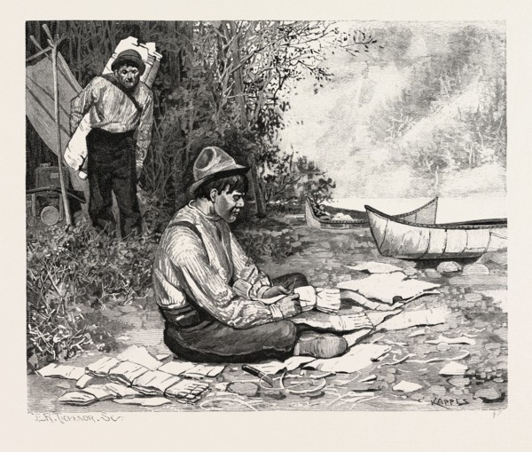 INDIANS MAKING TORCHES, CANADA, NINETEENTH CENTURY ENGRAVING