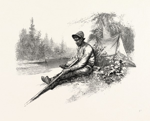 MAKING NEW POLE FOR CANOE, CANADA, NINETEENTH CENTURY ENGRAVING