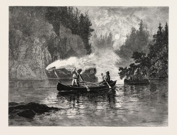 NEW BRUNSWICK, SPEARING SALMON BY NIGHT ON THE RESTIGOUCHE, CANADA, NINETEENTH CENTURY ENGRAVING