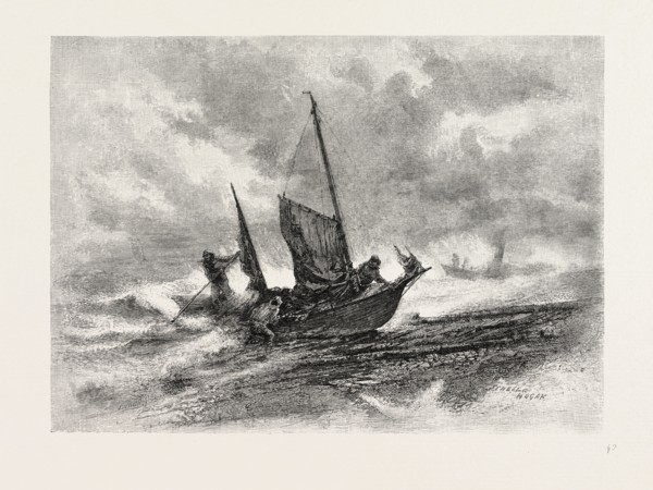 NOVA SCOTIA, FISHERMEN LANDING IN A GALE, CANADA, NINETEENTH CENTURY ENGRAVING