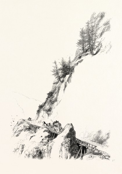 BRITISH COLUMBIA, WAGGON ROAD ON THE FRASER, CANADA, NINETEENTH CENTURY ENGRAVING