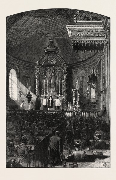 FRENCH CANADIAN LIFE, INTERIOR OF PARISH CHURCH, CANADA, NINETEENTH CENTURY ENGRAVING
