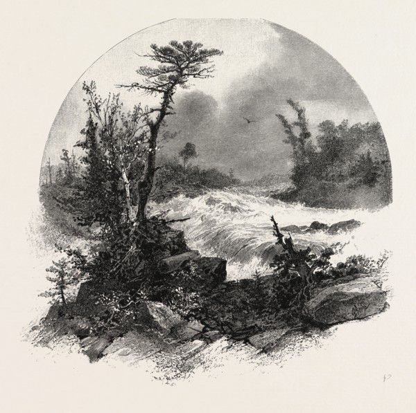 FRENCH CANADIAN LIFE, HEAD OF SHAWENEGAN FALLS, CANADA, NINETEENTH CENTURY ENGRAVING
