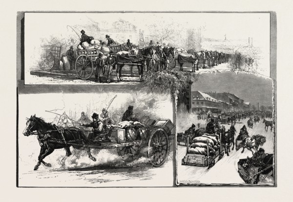 MONTREAL, MARKET SCENES IN JACQUES CARTIER SQUARE, CANADA, NINETEENTH CENTURY ENGRAVING