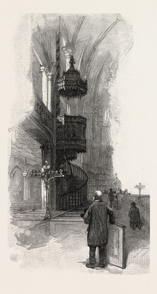 MONTREAL, PULPIT OF NOTRE DAME, CANADA, NINETEENTH CENTURY ENGRAVING