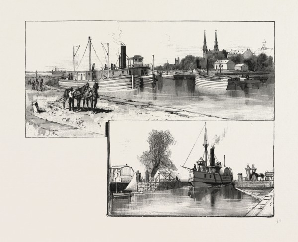 THE LOWER OTTAWA, CANAL AND LOCKS AT LACHINE, CANADA, NINETEENTH CENTURY ENGRAVING