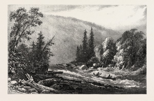 RUNNING THE RAPIDS, CANADA, NINETEENTH CENTURY ENGRAVING