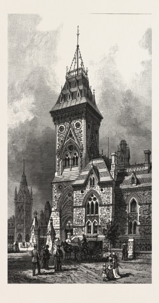OTTAWA, TOWER OF EASTERN BLOCK, DEPARTMENTAL BUILDINGS, CANADA, NINETEENTH CENTURY ENGRAVING