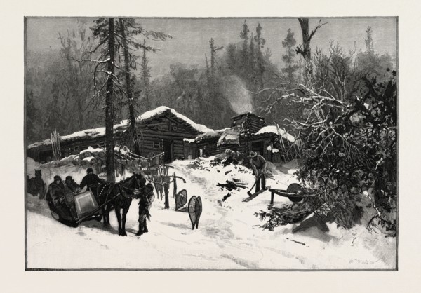 LUMBERMEN'S CAMP, CANADA, NINETEENTH CENTURY ENGRAVING