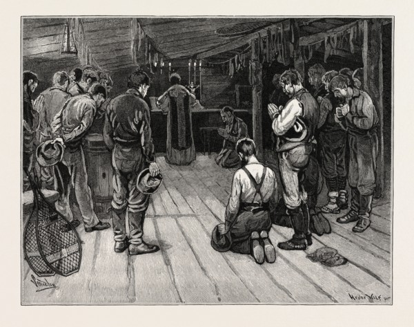 MASS IN A LUMBER SHANTY, LUMBERING, CANADA, NINETEENTH CENTURY ENGRAVING