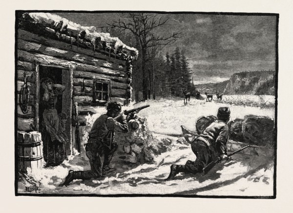 A SETTLER'S SHANTY, , LUMBERING, CANADA, NINETEENTH CENTURY ENGRAVING