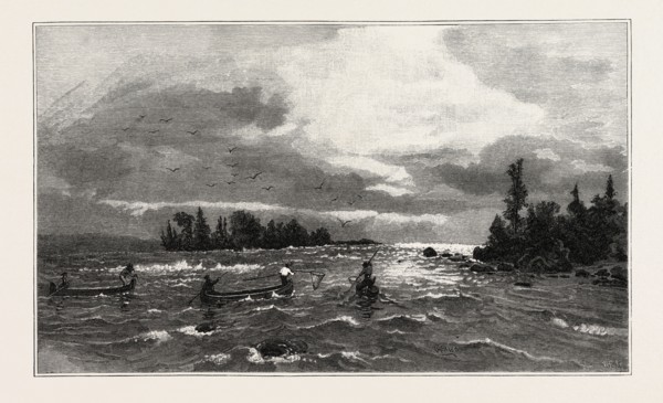THE UPPER LAKES, THE SAULT STE. MARIE RAPIDS, CANADA, NINETEENTH CENTURY ENGRAVING