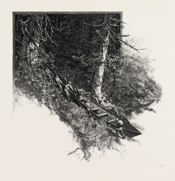 PORTAGING A BOAT, The practice of carrying a water craft, CANADA, NINETEENTH CENTURY ENGRAVING