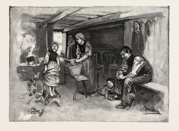 INTERIOR OF MENNONITE DWELLING, CANADA, NINETEENTH CENTURY ENGRAVING