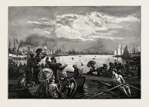 TORONTO HARBOUR, A SCULLING MATCH, CANADA, NINETEENTH CENTURY ENGRAVING