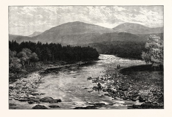 VIEW FROM THE OLD BRIDGE, INVERCAULD, BRAEMAR,UK.  Braemar is a village in Aberdeenshire, Scotland,
