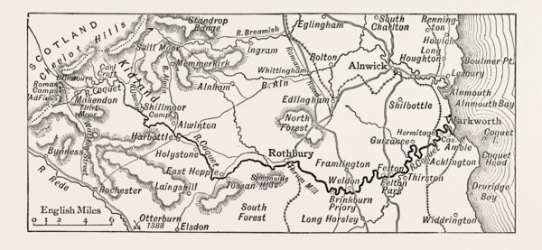 MAP OF THE COURSE OF THE COQUET, UK. The River Coquet runs through the county of Northumberland,