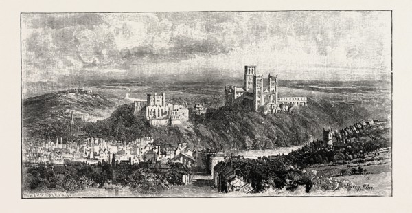 DISTANT VIEW OF DURHAM, UK. A city in north east England. Durham is well known for its Norman