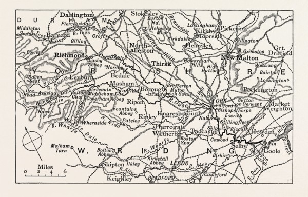 MAP OF THE COURSE OF THE OUSE, UK. The River Ouseis a river in North Yorkshire, England.